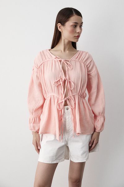 Laluvia Rosa 100% Baumwolle Ärmel elastische Musselin Hemd - 5259