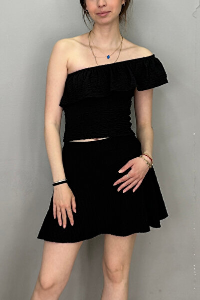 Tam Moda Women's Black One Shoulder Blouse - Flared Skirt Set