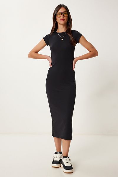 Lovelyİstanbul Basic Summer Stretchy Midi Knitted Dress Black Lhf0023