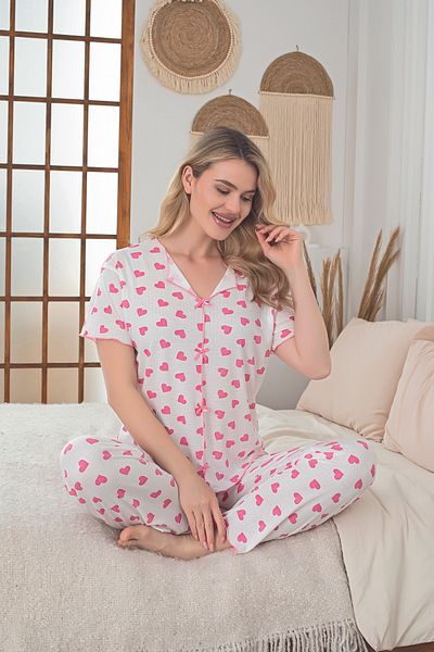 Sude HOMEWEAR Women Knitted Fabric Pink Heart Pattern Short Sleeve Pajama Set
