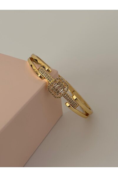 Elistar Kadın Gold Renk Kararmaz Baget Taşlı Zarif Kelepçe Bileklik