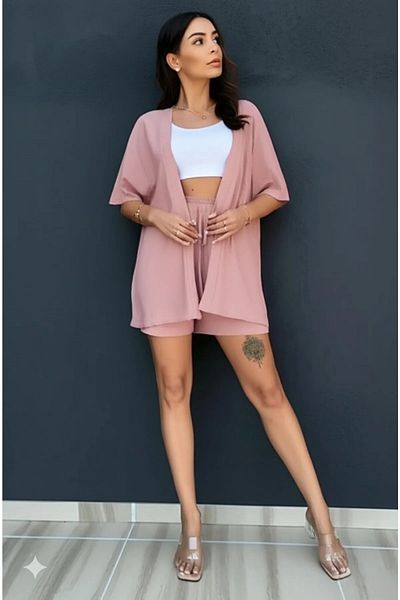 DEEPSENSE Women's Pink Wrap Kimono Vest Shorts Bottom-Top Set