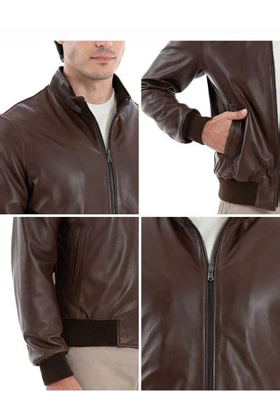 By Marki Marki Men's Brown Genuine Leather College Jacket – Knitted Collar and Cuffs, Zippered, Lined- 504322