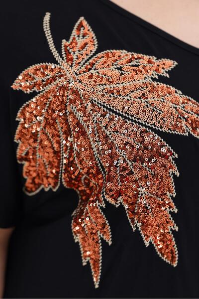 Siyezen Plus Size Cotton Dress with Leaf Sequin Embroidery Detail at the Collar