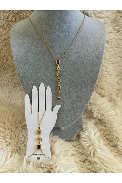 ANGELSS JEWELLERY Y Necklace Colorful Zircon Stone Gold Y Necklace and Shahmeran Bracelet Set Y Necklace and Shahmeran Bracelet