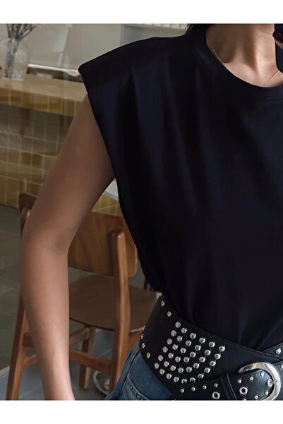 BE CHİC Women's Circle Necklace Shoulder Padded Sleeveless Sleeveless Basic Tshirt Ayd2009