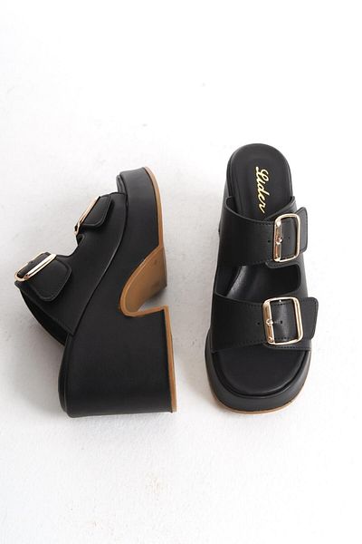 LDR Women's Double Buckle Thick Heeled Slippers
