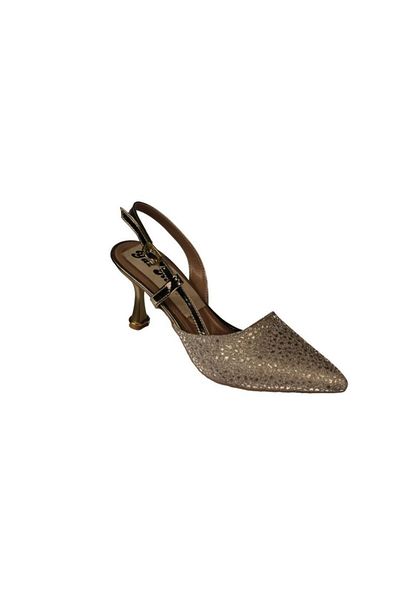 Yaz Kış Ayakkabı Yazkiş Women's Black Silver Gold Shiny Honeycomb Material 8cm Goblet Heel Front Pointed Open Back Fancy Moon