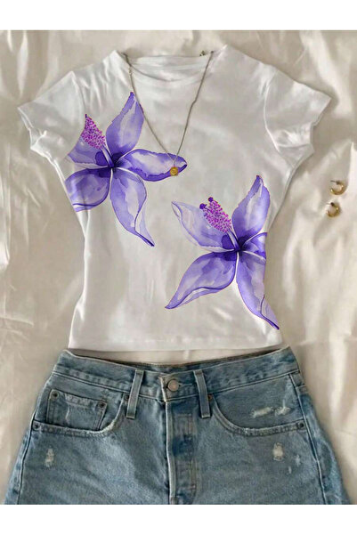 EVIus Kadın Çiçek Baskılı Likralı Kısa Kol Body Tee Crop