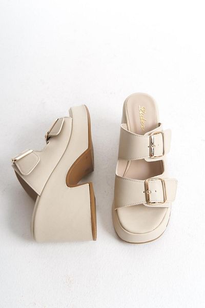 LDR Women's Double Buckle Thick Heeled Slippers