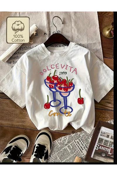 BE CHİC Women's Crew Neck Cherry Printed Oversize Loose Cotton Sthirt Ayd20112