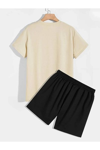DEEPSENSE Men's Beige T-Shirt Black Combed Cotton Relax Teddy Bear Printed Short Set
