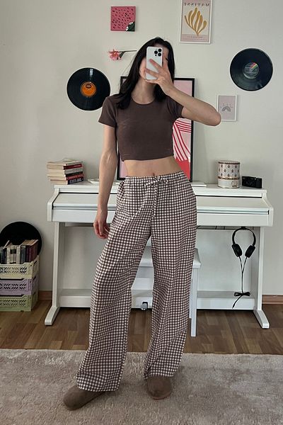 Moide 100% Linen Mid Waist Pocket Adjustable Waist Women's Gingham Pants