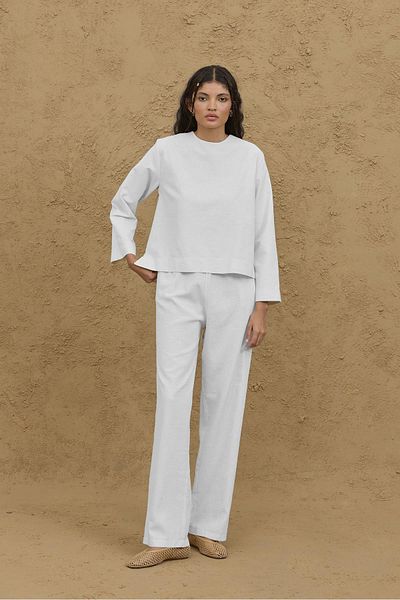 Fahhar Long Sleeve Basic Linen Top Ecru
