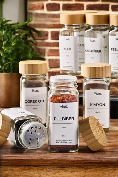 LUMİNA 6-Piece Bamboo Lid Square Glass Spice Rack Set / with Tag Gift / 6-Piece Spice Rack Set
