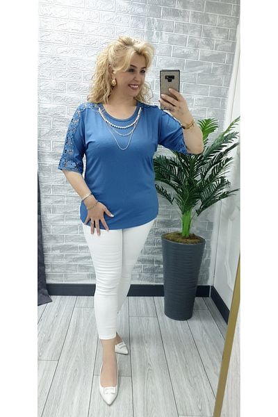 Esina Women's Lace and Pearl Necklace Detailed Half Sleeve Viscose Blouse