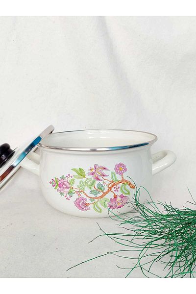 EBRULİEMAYE Pink Carnation Enamel Pot 4 Liter 22 cm Milk Yogurt Soup Stove Pot