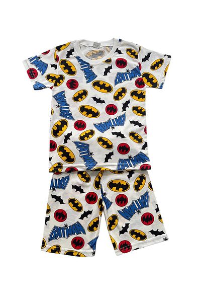 Şekerkids Boy's Cotton Fabric White Color Patterned Short Sleeve Shorts Summer Pajama Set