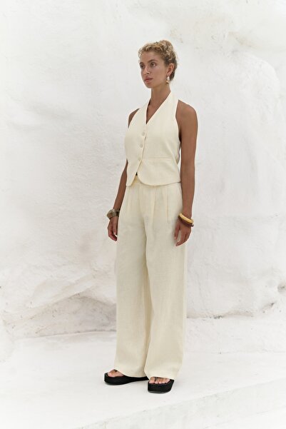 BOHEMAİ Dena Backless Yellow Linen Vest Trousers Set