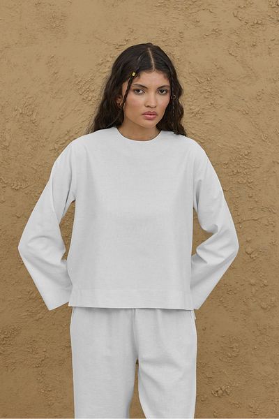 Fahhar Long Sleeve Basic Linen Top Ecru