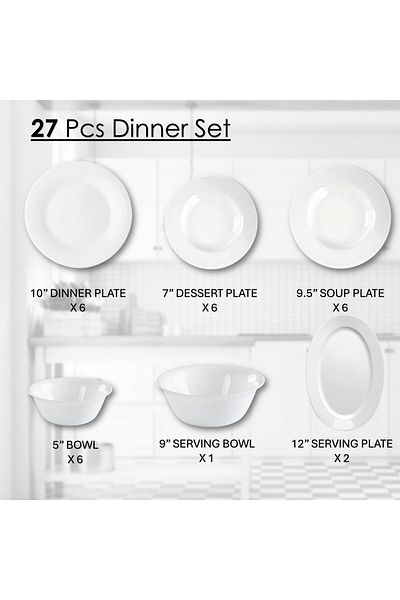 Houzi 27 Pcs Opal ware Dinner set 6+6 Dinner & Dessert plate 6 Bowls 1 Serving bowl 2 Serving plate