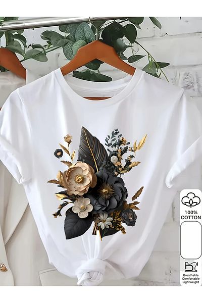 Pink Sky Cotton Oversize Floral Printed Short Sleeve Crew Neck Comfortable Casual T-Shirt