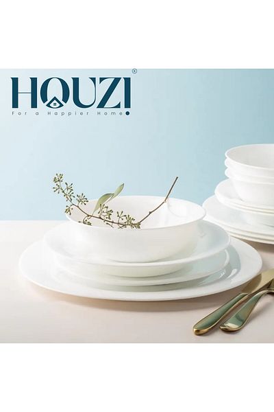 Houzi 26 Pcs Opal ware Dinner set 6 Dinner plate 6 Dessert plate 6 Bowls 1 +1 Serving bowl & plate