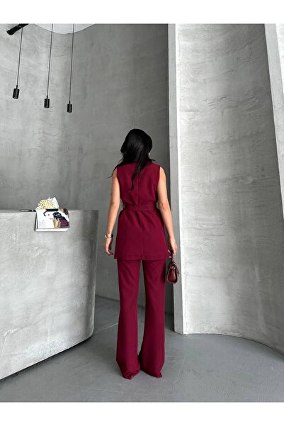 Neba Boutique Kadın Kuşaklı Bordo Yelek Pantolon Takımı