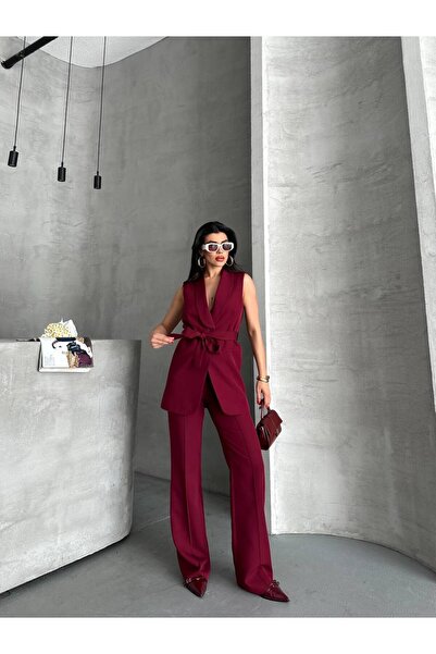 Neba Boutique Kadın Kuşaklı Bordo Yelek Pantolon Takımı