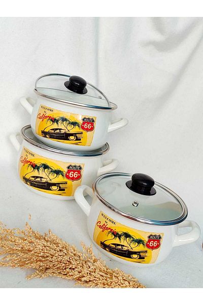 EBRULİEMAYE Classic Car Collection Enamel Triple Pot Set 18-20-22 cm Milk Yogurt Soup Stove Pot