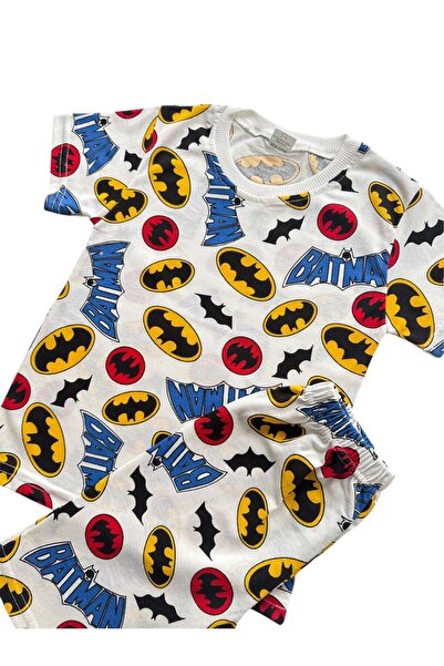 Şekerkids Boy's Cotton Fabric White Color Patterned Short Sleeve Shorts Summer Pajama Set