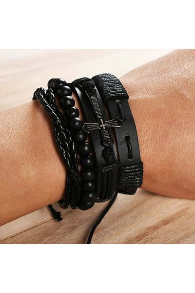 Tessero Set de patru bratari din piele naturala, model cu cruce inscriptionata cu rugaciunea Tatal nostru, m