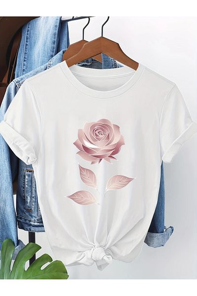 Pink Sky Cotton Oversize Pink Rose Printed Short Sleeve Crew Neck Comfortable Casual T-Shirt