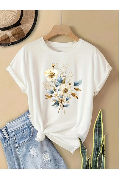 Pink Sky Cotton Oversize Vintage Floral Printed Short Sleeve Crew Neck Comfortable Casual T-Shirt