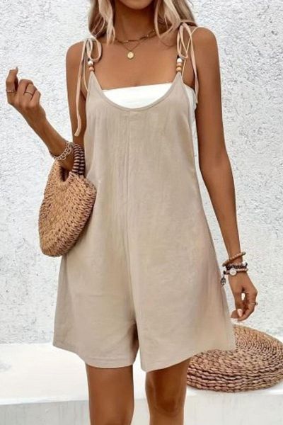 Mossta Linen Shorts Jumpsuit with Tie-Up Straps - Beige