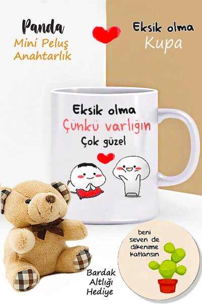 RETROGO Eksik Olma Varlığın Çok Güzel Kupa & Mini Peluş Ayıcık Anahtarlık & B...