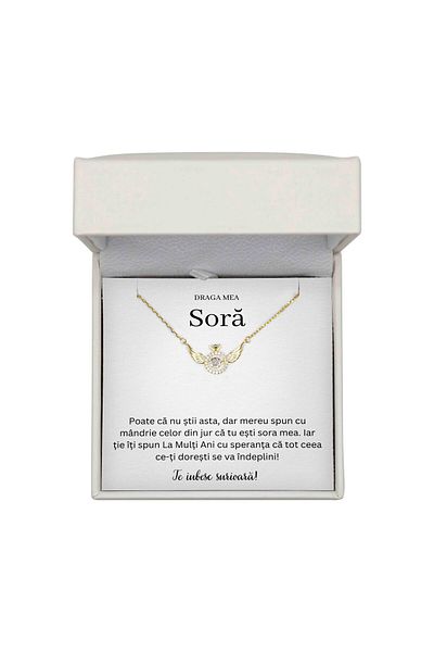 The Jewel Heart Colier Cadou Pentru Soră – Argint 925 Cu Strat De Aur 14K, Cutie Cu LED Și Mesaj De Iubire