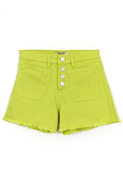 DobaKids Button and Pocket Detailed Oil Green Girls' Vintage Leg Denim Shorts