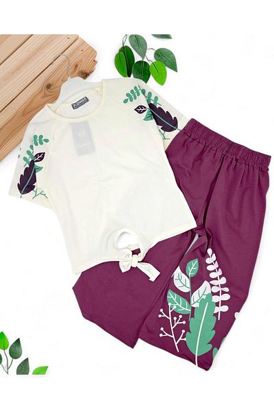 voyyo kids baby Girl's Summer Flower Printed Shirt Wide Leg Capri 8-12 Years Compact Bottom Top Set