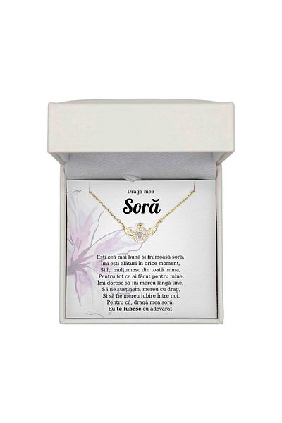 The Jewel Heart Colier Cadou Argint 925 Cu Mesaj Pentru Soră, Cutie LED Premium, Placat cu Aur 14K