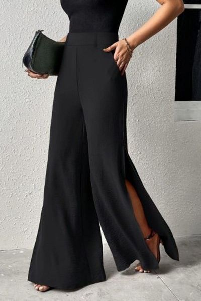 Mossta High Waist Slit Wide Leg Aerobin Trousers - Black