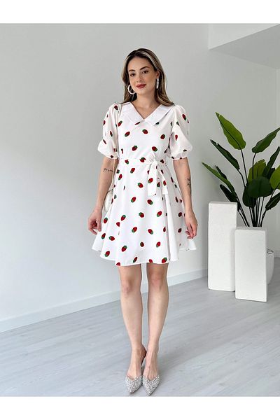 Lusin Women's Strawberry Patterned Lined Summer Poplin Mini Dress