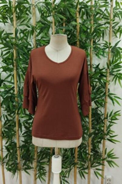 Mossta Μπλούζα από βισκόζη με άνετη εφαρμογή V-λαιμόκοψη - Καφέ