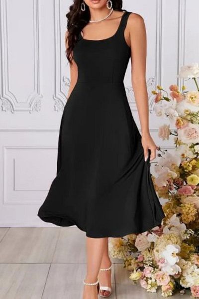 Mossta Square Neck Strap Flared Dress - Black