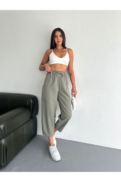 diaves Women's Khaki Side Pocket High Waist Woven Fabric Carrot Pants