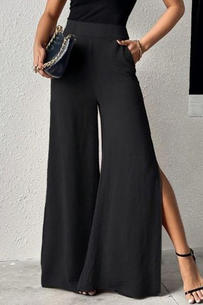 Mossta High Waist Slit Wide Leg Aerobin Trousers - Black