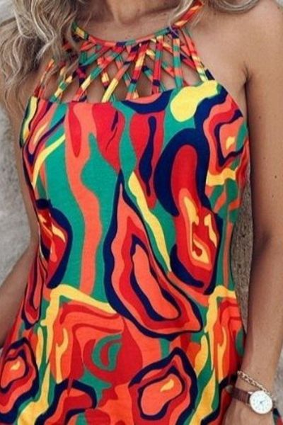 Mossta Halter Neck Patterned Mini Single Jersey Dress - Patterned