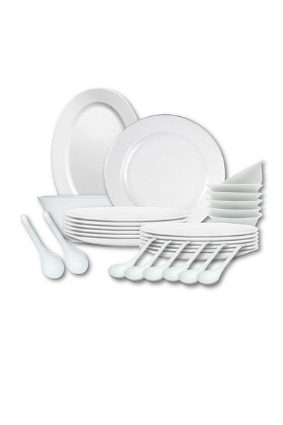 Houzi 32 Pcs Opal ware Dinner set Dinner, Soup & Dessert plate Bowls soup spoon Serving plate