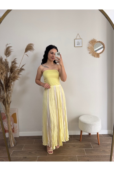 DUSOHOME Crush Efektli İki Renkli Premium Maxi Etek Kırışık Doku Sarı Etek Sarı krem Renkli