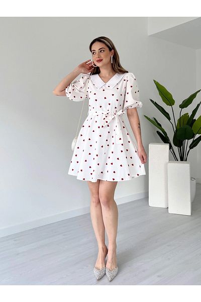 Lusin Women's Heart Patterned Lined Summer Poplin Mini Dress